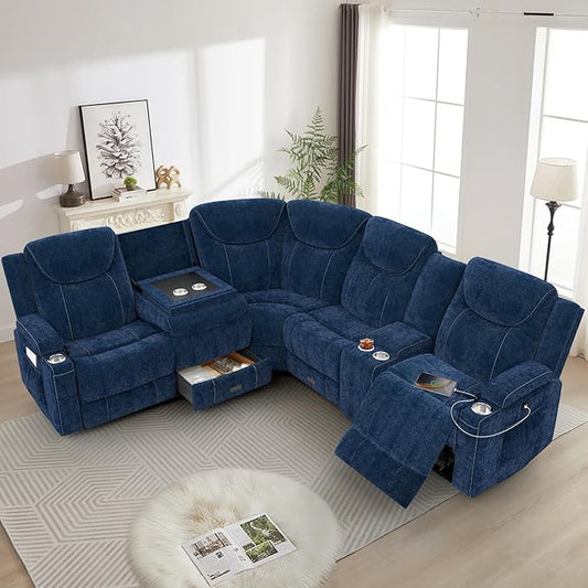 Dresegmt Home Theater Seating, Manual Recliner Sectional Sofa for Living Room, 5 Seater Reclining Sectional Couch with Flip-Up Backrest, Storage Console, USB Ports, Cloud-Like Blue Fabric