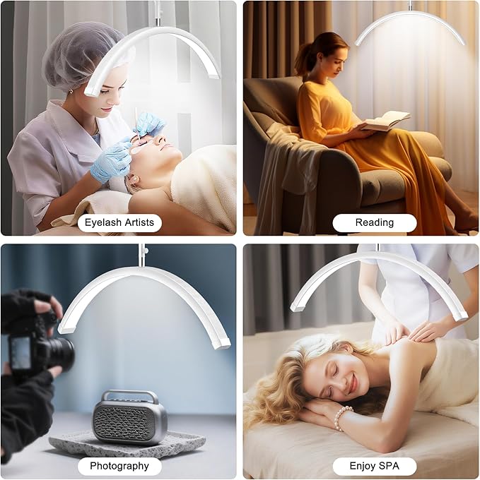 AURELLE Half Moon Lash Light - Adjustable LED Floor Lash Lamp with 4X Magnifier & Phone Holder for Eyelash Extensions,Nail Art,Tattoo,Skincare,Salon SPA-Dimmable Brightness,Rotating Head, White
