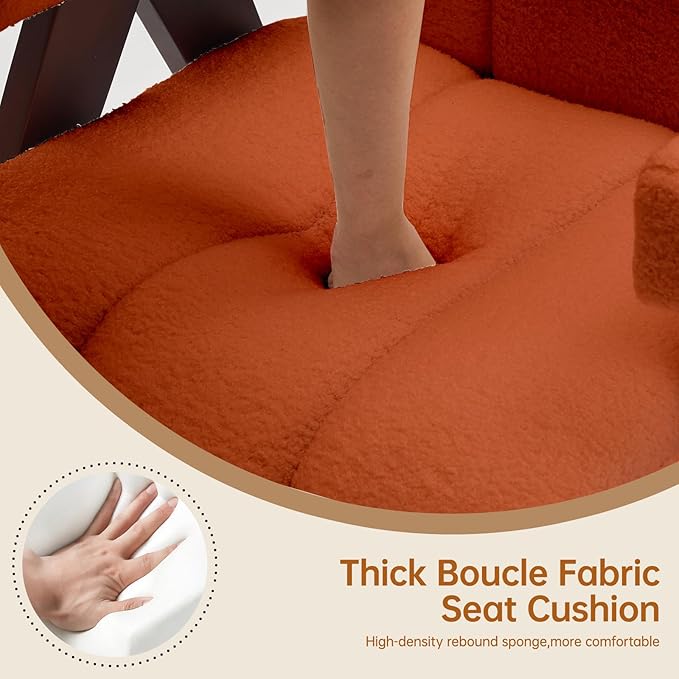 Accent Chairs Set of 2 Mid-Century Modern with Wide Backrest for Bedroom, Upholstered Living Room Chair with Wooden, Lounge Armchair with Thick Cushion, Cute Teddy Comfy Chair, Orange