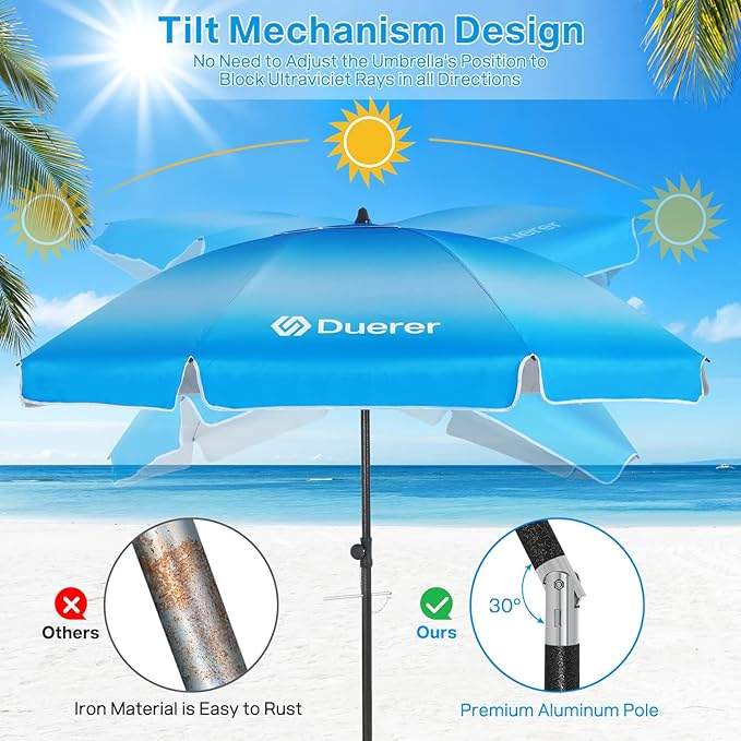 Duerer 8.5FT Beach Umbrella for Sand with Anchor, Heavy Duty Windproof, Height Adjustable Tilt, Iron Pole, Portable with Carrying Bag for Beach, Patio, Garden Outdoor