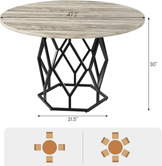 GarveeHome 47-inch Round Dining Table for 4-6 People, Farmhouse Kitchen Table with Diamond Metal Base, Industrial Wood Circle Dinner Table for Dining Room, Kitchen, Living Room, Grey