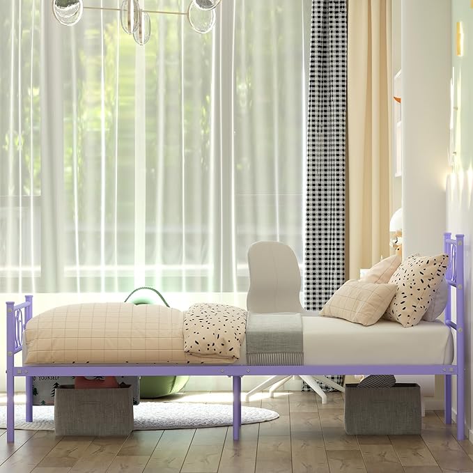 GIME Purple Twin Size Metal Bed Frame for Kids/Girls/Teen/Adult, Cute Cat Design Platform Bed with Hanging Storage Bag, Sturdy Metal Slat Support, No Box Spring Needed, Easy Assembly