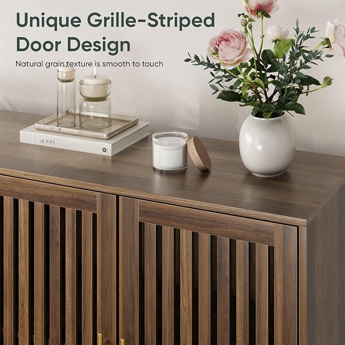 63" Long Sideboard Buffet with 4 Slatted Doors, Farmhouse Buffet Storage Cabinet with Adjustable Shelf, Coffee Bar Cabinet for Entryway, Kitchen, Dining Room, Living Room, Walnut Color | 4 Louvered Doors, Farmhouse Buffet, Storage Cabinet, Gold Handle,...