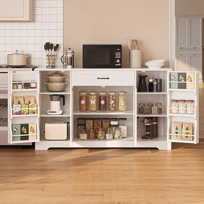 Gizoon 56" Kitchen Coffee Bar Cabinet with Storage Kitchen Sideboard Buffet Cabinet with Drawers, Short Pantry with Door and Shelves for Bathroom and Living Room, White