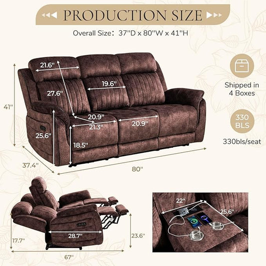 Power Reclining Sofa with Zero Gravity, Adjustable Headrest, Electric Reclining Couch with Wireless Charge, USB/Type-C Ports, Wall Hugger Couches for Living Room (Brown, 3 Seater Sofa)
