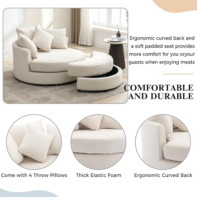 ERYE Oversized Round Accent Barrel Chair with Storage Ottoman and 360 Swivel Base, Modern Chenille Upholstered Leisure Recliner Armchair for Living Room Bedroom