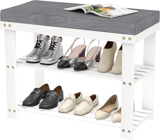 Domax White Shoe Rack Bench for Entryway - Bench with Shoe Storage Front Door Shoe Bench with Cushion Upholstered Padded Seat 3 Tier Bamboo Shoe Holder for Indoor Entrance Hallway Bedroom Living Room