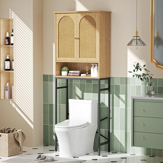 Rattan Toilet Storage Cabinet, Over the Rack Wood Cabinet with Metal Stand, Bathroom Organizer with Adjustable Shelf, Tall Freestanding Washer Shelf, Small Cupboard, Space Saver, Natural style