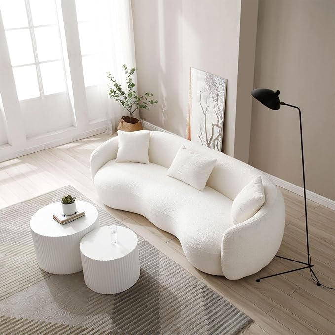 Modern Curved Sofa, 93.6" 4-Seater Boucle Cloud Couch with 3 Pillows, Comfy Upholstered Sofas for Living Room, Apartment, Office, Off-White