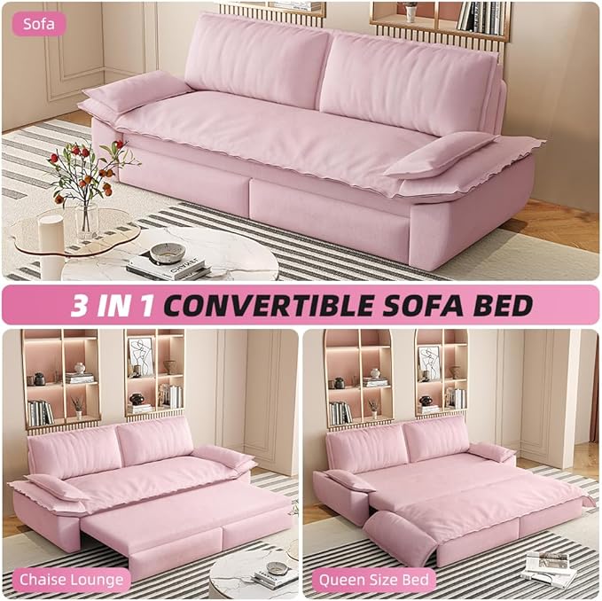 KEIKI 73.2" Queen Size Convertible Sofa Bed, 3-in-1 Pull Out Sleeper Couch with Pillow Armrests, Comfy Velvet Loveseat Sofa, Modern Living Room Furniture for Daily Relaxing Movie Nights Guests