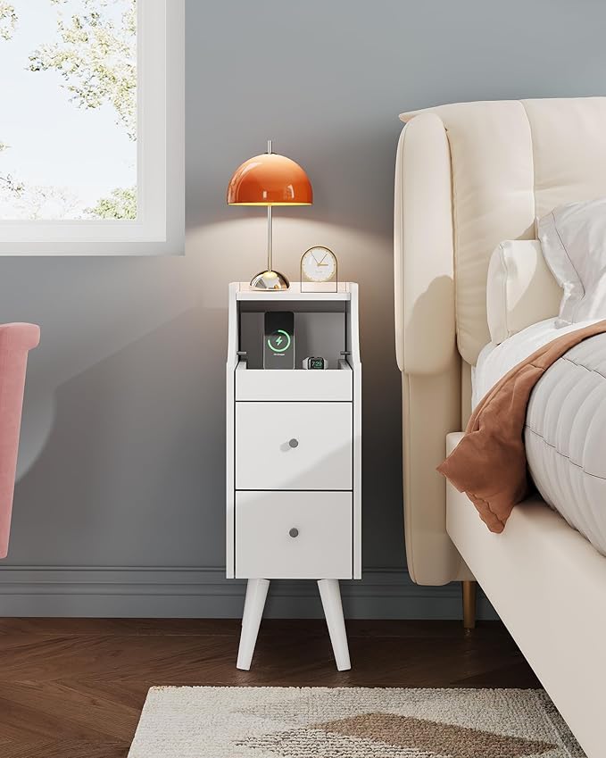 WLIVE Small Nightstand with Drawers, Narrow Bedside Tables with Open Shelf & Cable Hole, Narrow Nightstand for Bedroom, Modern Storage Cabinet for Small Spaces/Living Room, White