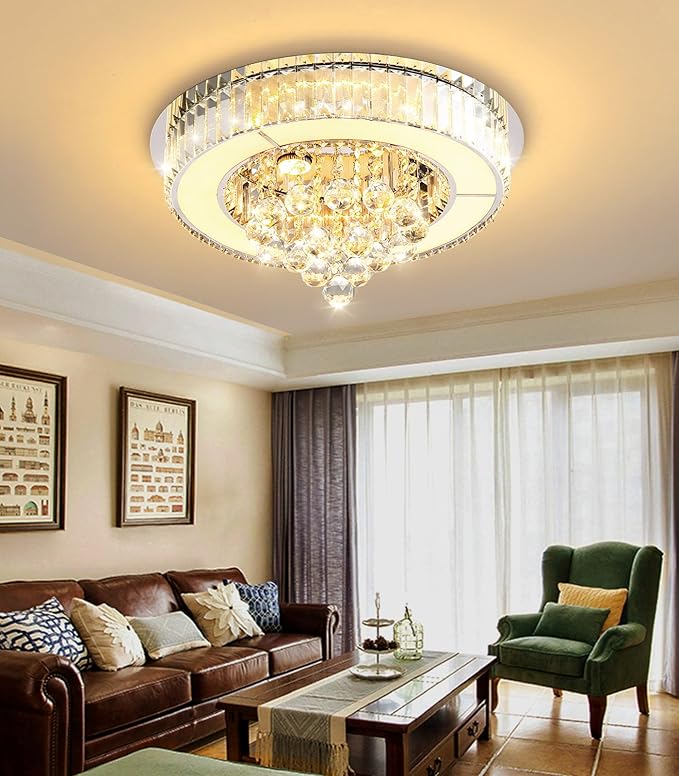 19.6'' Silver Modern Crystal Chandeliers for Dining Room LED Dimmable Light Fixtures Flush Mount Light Living Room Bedrooms