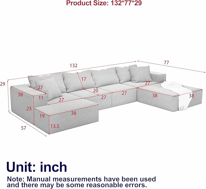 Oversized Boneless Modular Sectional Sofa Cloud Couch for Living Room - Convertible 6 Seater Chenille Couches Set with Ottoman, No Assembly Floor Compression Sofa with Memory Foam | Deep Seat, Wider Armrest, Free Combination