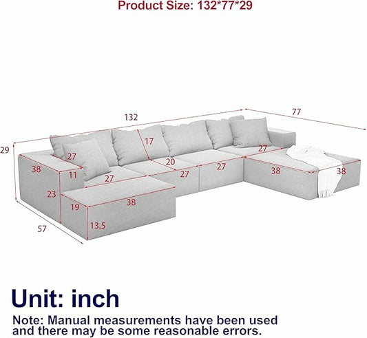 Oversized Boneless Modular Sectional Sofa Cloud Couch for Living Room - Convertible 6 Seater Chenille Couches Set with Ottoman, No Assembly Floor Compression Sofa with Memory Foam | Deep Seat, Wider Armrest, Free Combination