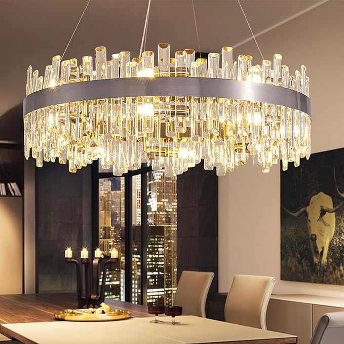 Siljoy Modern Crystal Chandelier 16-Light Brushed Nickel 2-Tiers K9 Crystal Raindrop Chandelier Luxury Flush Mount Crystal Pendant Ceiling Light Fixture for Dining Living Room Entryway Foyer D31.5''