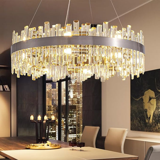 Siljoy Modern Crystal Chandelier 16-Light Brushed Nickel 2-Tiers K9 Crystal Raindrop Chandelier Luxury Flush Mount Crystal Pendant Ceiling Light Fixture for Dining Living Room Entryway Foyer D31.5''