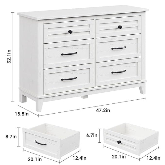 GarveeHome 6 Dresser for Bedroom, 47 in Wide Drawer Dresser with Storage Freestanding, Wooden Closet Storage Chest for Living Room, Bedroom, Entryway, Ash White