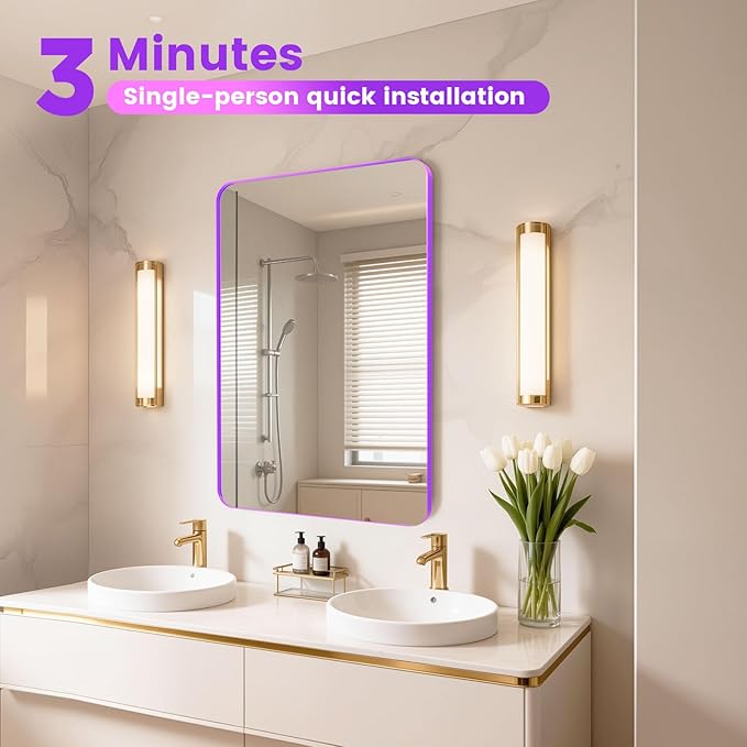 18" x 24" Purple Bathroom Mirror Wall Mounted, Matte Aluminum Alloy Frame with Rounded Corners, Shatterproof Tempered Glass, Anti-Rust HD Vanity Mirror for Bathroom, Bedroom, Entryway