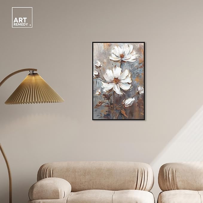 Art Remedy White Textured Flowers Canvas Elegant Floral Wall Art, Black Frame, 20" x 30"
