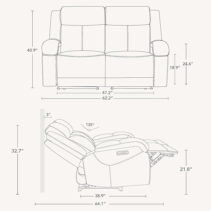 Watson & Whitely Genuine Leather Power Loveseat Recliner Sofa, 2 Seat Wall Hugger Reclining Sofa with Power Headrest & Charging Ports, Dual Recliner Sofas for Living Room, RV, Black