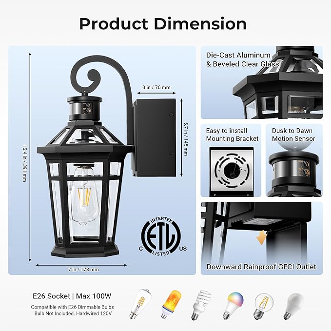 OPAIXS Motion Sensor Outdoor Wall Lights with Outlet, Black Front Porch Light with GFCI Outlet, Modern Coach Lights for Garage, Waterproof Exterior Wall Sconce Lantern, E26 Outside Wall Light Fixture