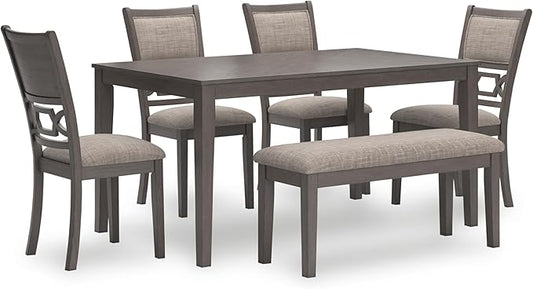 Signature Design by Ashley Wrenning Diamond Patterned Dining Table Set, 4 Upholstered Chairs and Bench, Seats 6, Wood, Gray