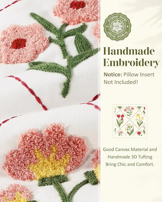 Embroidered Throw Pillow Cover - 18x18 Decorative Pillow Cover with Zipper Aesthetic Cute Design Boho Spring Summer Cozy Throw Pillowcase for Living Room Couch Sofa Bed, Pink White Flower