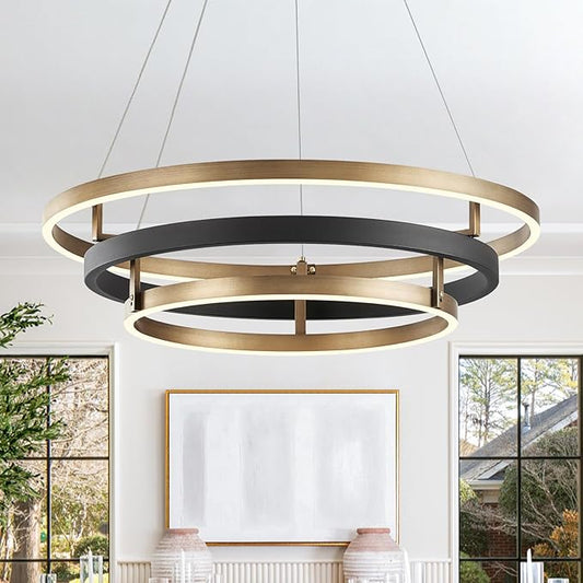 Modern Brass Chandelier for Living Room LED 3-Ring Dimmabel Chandelier Black & Gold Light Fixture Round Entry Foyer Chandeliers Lighting for Dining Room Bedroom Office 24in