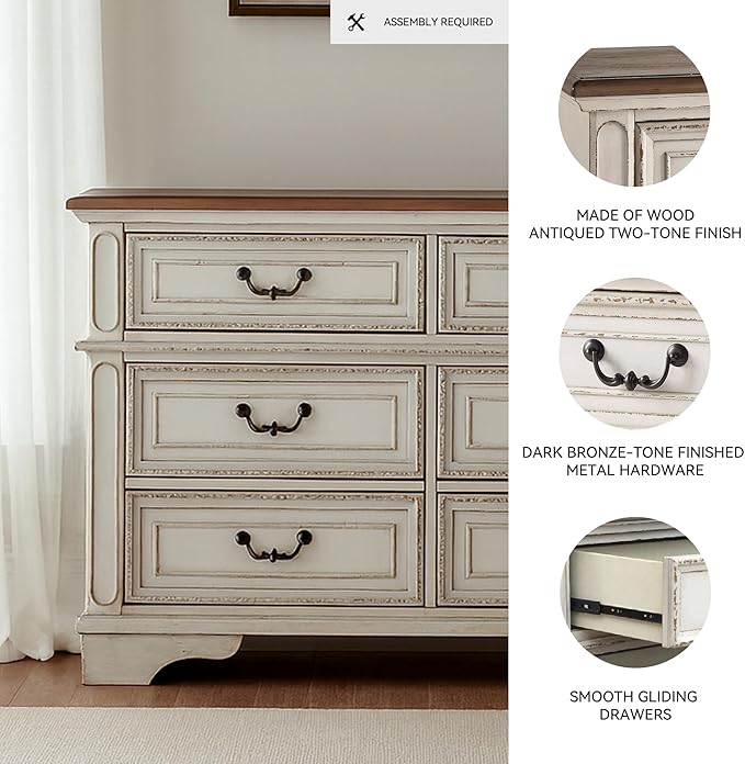 Signature Design By Ashley Realyn French Country Youth 6 Drawer Dresser, Chipped White & Brown