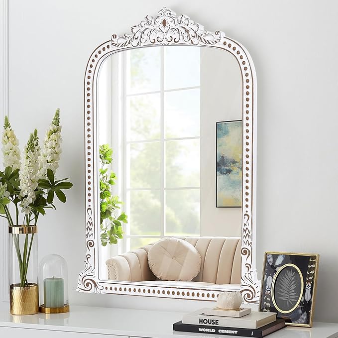 34x42 Inch Baroque Beaded Arched Wooden Wall Mirror, Ornate Rustic Farmhouse Decorative Mirror for Entryway, Fireplace Mantel, Living Room, Bathroom