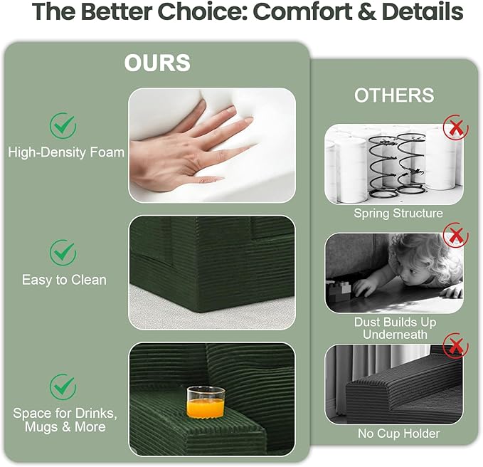 COMAX Futon Sofa Bed, Boneless Loveseat Couch in A Box, 67" L-Shaped Convertible Sofa Bed Corduroy for Living Room, Fold Out Small Foldable Loveseat Foam with Movable Ottoman, Floor Sleeper, Green