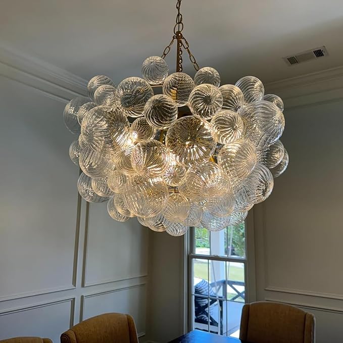 Longree Nordic Bubble Ball Swirled Glass Chandelier, Dia 36 inch Gild Gold and Clear Blown Glass Large Pendant Light Fixture for Bedroom Study Restaurant Entry Room