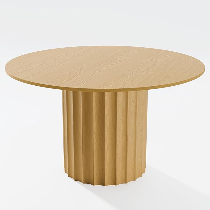 Casaphoria 52" Round Dining Table, Modern Wood Kitchen Table with Cylindrical Wide Bar Concave Base for Living Room & Dining Room, Easy Assembly Farmhouse Furniture for 4-6, Oak