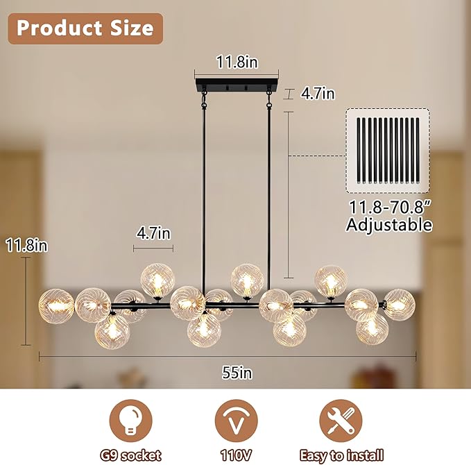 16-Light Linear Chandelier,Modern Chandeliers for Dining Room Light Fixture Large Black Sputnik Chandeliers 55" Clear Globe Sputnik Ceiling Light Fixture Large Chandelier Pendant Lights Kitchen Island