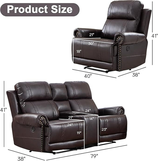EBELLO Faux Leather Electric Reclining Sofa Set, Power Recliner Three Seats Sofa Set, a Chair and a Loveseat Sofa with USB and Type-C Charging Ports, Vintage Rivet Design for Small Living Room, Brown