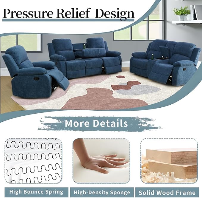 Living Room Sofa Set Recliner Sofa Set Microfiber Fabric Sofa and Loveseat Manual Recliner with Cup Holders/Storage Console for Living Room/Rv Car (Blue,Sofa+Loveseat)