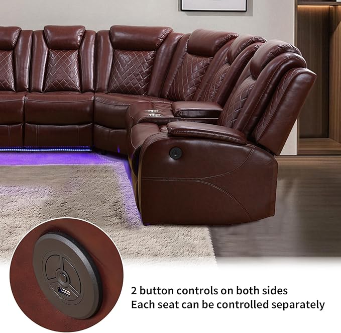 Power Recliner Sofa Sectional Couches with LED Light,Leather Reclining Corner Sectional Sofa with 2 Recliner Seats,Cup Holder,Storage Console for Living Room，Wine