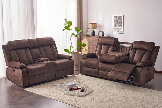 Velvet Power Recliner Sofa Living Room Set, Electric Loveseat Reclining Sofa Couch Set with Massage & Heat/Console/Cup Holder/USB & Type C, Modern Living Room Furniture Sofa Set (Brown)