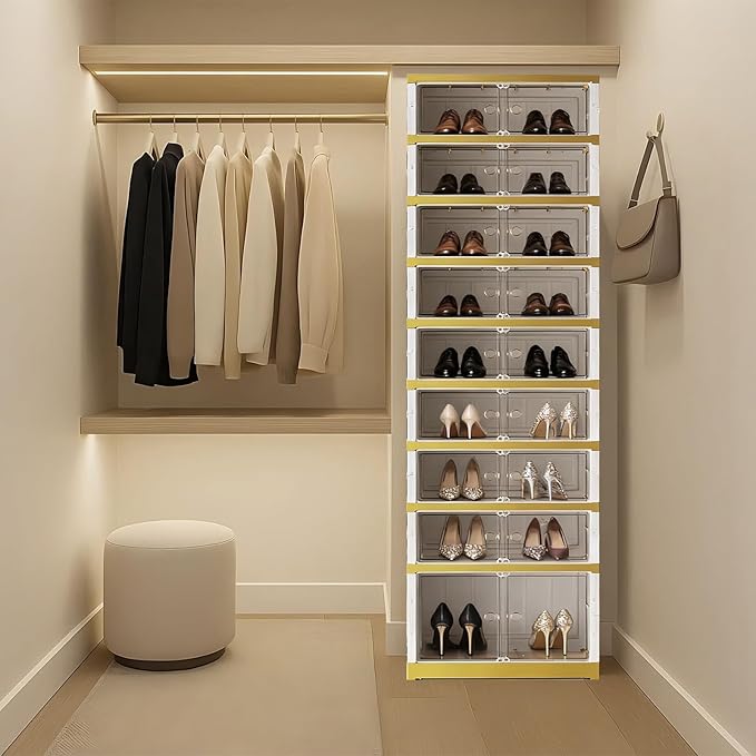 Foldable Shoe Rack Organizer Folding Shoe Boxes, 9 Tier 18 Pairs Storage Shoe Cabinet Collapsible Shoe Rack with Magnetic Clear Door Easy Assembly Shoe Cabinet with Wheels, White Gold