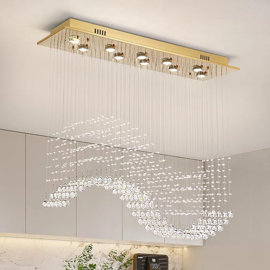 Siljoy Modern Crystal Chandelier 10-Light Rectangular Gold Wave Raindrop Pendant Flush Mount Ceiling Light for Dining Room Living Room Kitchen Island Bar L40'' x W11.8'' x H35.4''