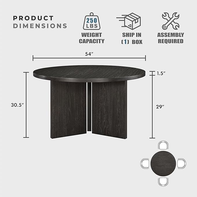 Lexicon 54 Dia. Dining Table for 4 People, Round with Textured Wood Grain Surface, Modern Ebony Finish Oak Veneer Small Kitchen Table for Dining Room, Kitchen, Ebony