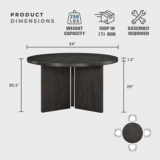 Lexicon 54 Dia. Dining Table for 4 People, Round with Textured Wood Grain Surface, Modern Ebony Finish Oak Veneer Small Kitchen Table for Dining Room, Kitchen, Ebony
