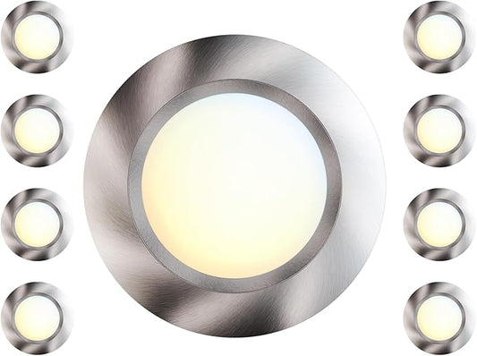 8 Packs 6 Inch LED Low Profile Screw in & Surface Mount Disk Light, Brushed Nickel, 5CCT Field Selectable, Round, 15W, 1000 Lumens, CRI80, Driverless, Dimmable, ETL & Wet Listed