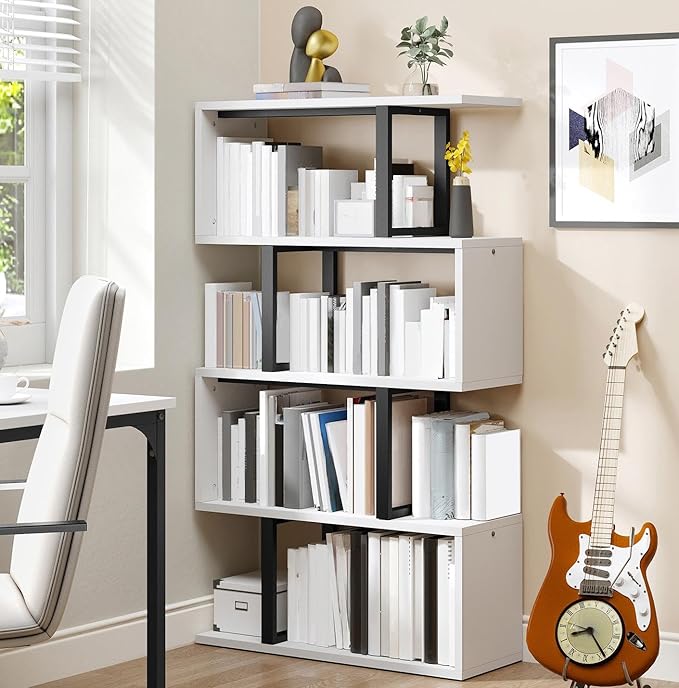 DWVO 5-Tier Geometric Bookshelf, S Shaped Bookshelf Modern Freestanding Display Shelves, Geometric Bookcase Decorative Storage Shelving for Living Room, Home Office, White