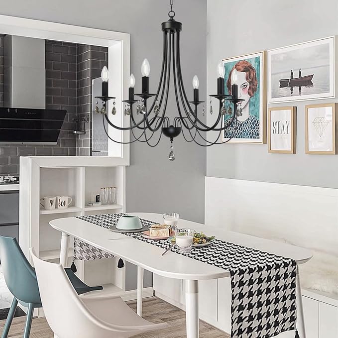 Black Chandeliers for Dining Room 6-Light Pendant Lights Modern Candle Chandelier with Brown Crystal Elegant Ceiling Lighting Fixtures Height Adjustable