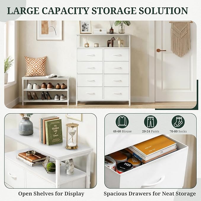 8 Drawers Dresser with Open Shelf, 46" Tall Storage Organizer Chest of Drawer with Wooden Top, Sturdy Metal Frame for Bedroom, Hallway, Living Room, White