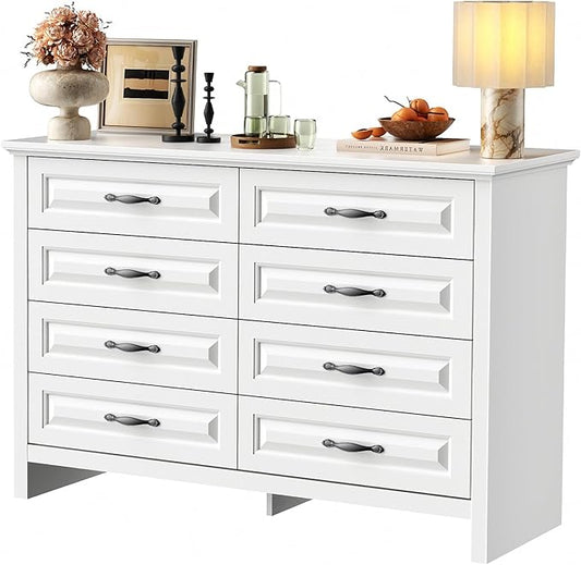 Marsail 8-Drawer Farmhouse Dresser, Solid Wood Storage Space, Sturdy Wide Chest with Smooth Glide Drawers & Anti-Slip Kit, for Bedroom or Hallway, White