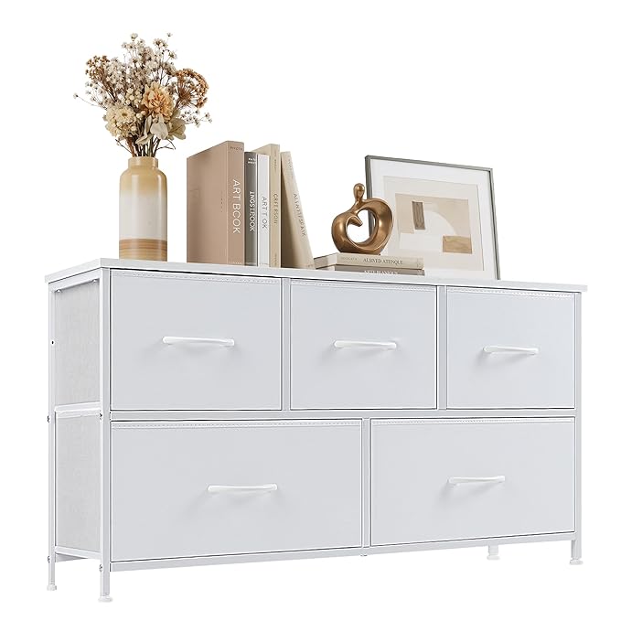 Dresser with 5 Drawers for Bedroom, Fabric Clothes Cabinet for Closet, Anti-Tip TV Stand for 45" TV, Storage Dresser with Metal Frame for Living Room, Entryway, Dorm, White