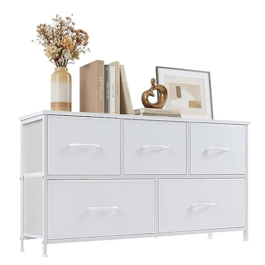 Dresser with 5 Drawers for Bedroom, Fabric Clothes Cabinet for Closet, Anti-Tip TV Stand for 45" TV, Storage Dresser with Metal Frame for Living Room, Entryway, Dorm, White