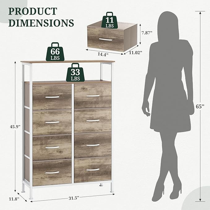 8 Drawers Dresser with Open Shelf, 46" Tall Storage Organizer Chest of Drawer with Wooden Top, Sturdy Metal Frame for Bedroom, Hallway, Living Room, Greige Oak
